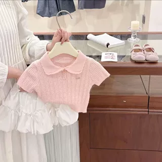 女宝宝幼儿园甜美穿搭镂空针织polo短袖蝴蝶结芭蕾花苞裙两件套潮