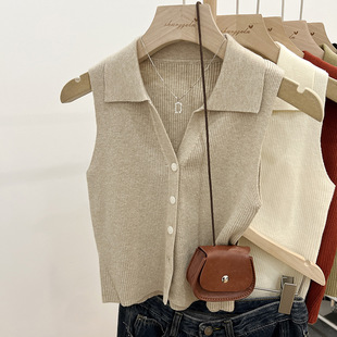 Lapel Thin Slim Fit Suspender Outer Vest for Women Summer Chic Ice Silk Knitted Waistcoat Sleeveless Top