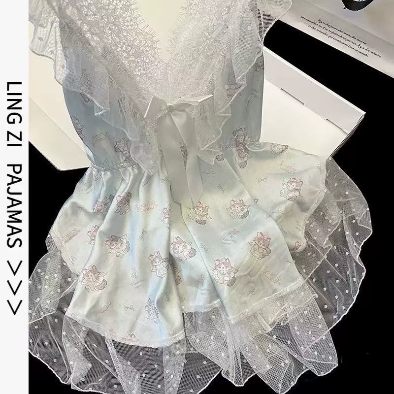 [Ангел] Sweet Cartoon 2025, новые пижамы, женские летние кружевные шорты из ледяного шелка, сексуальные шорты без рукавов, домашняя одежда