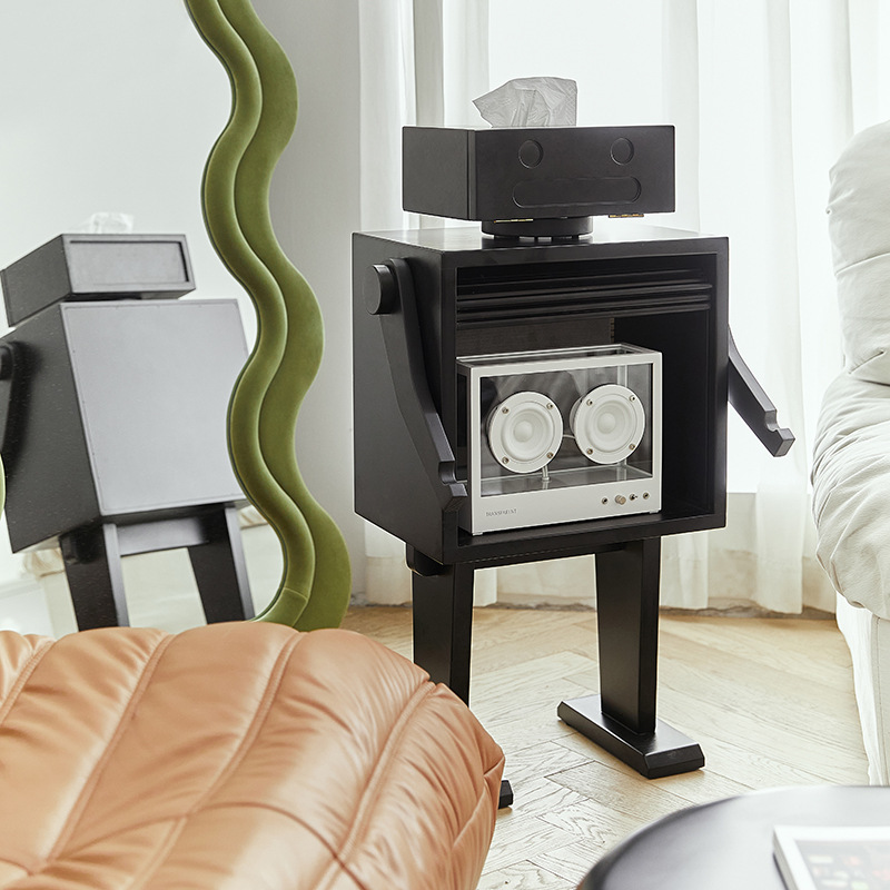 PK7J Robot Side Cabinet Real Wood Sofa Side Table Black Walnut Storage Cabinet Living Room Storage Cabinet Bedside Table