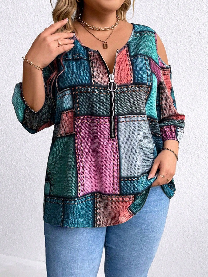 Europa y los Estados Unidos ropa de mujer de tamaño grande otoño y invierno moda nueva cremallera de manga larga decoración de hombro abierto impresión a cuadros suelta chaqueta diaria