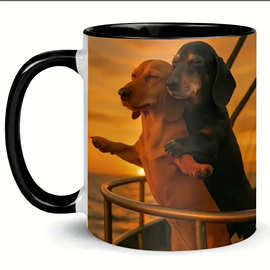 可爱腊肠犬咖啡杯陶瓷杯家用办公水杯带手柄卡通风格情侣杯子跨境