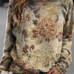 2023 Spring and Autumn new round neck sweater 3D flower plant print fashion personality casual women's round neck long sleeve