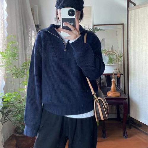 KANING V-Neck Half-Zip Cable Knit Sweater for Women 2025 Autumn Korean Relaxed Style Hooded Sweatshirt for Women