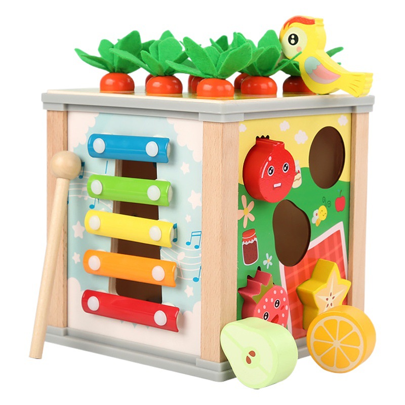 Multifuncional de madera seis en uno cofre del tesoro rábano tirando de insectos forma de captura de música a juego tocando piano juguetes para niños