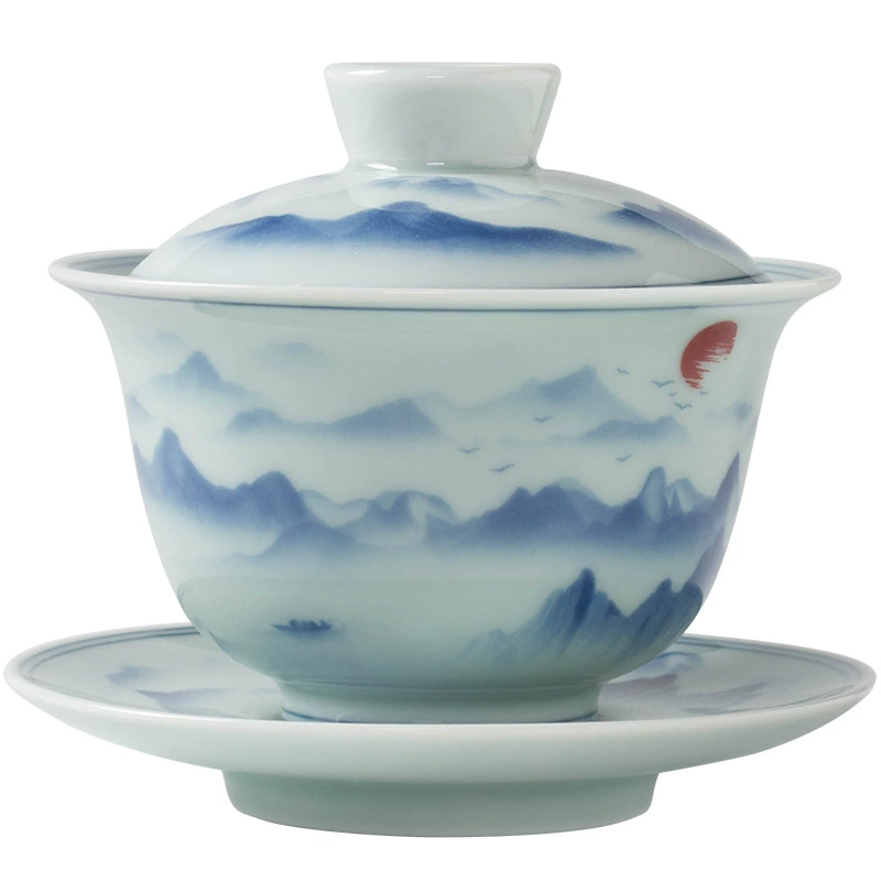 Antique blue and white ceramic tea cup for home use, anti-scald