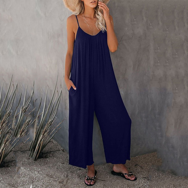 Amazon europeo y americano Correa mono mujer 2022 verano nuevo comercio exterior transfronterizo color sólido bolsillo casual mono image 4