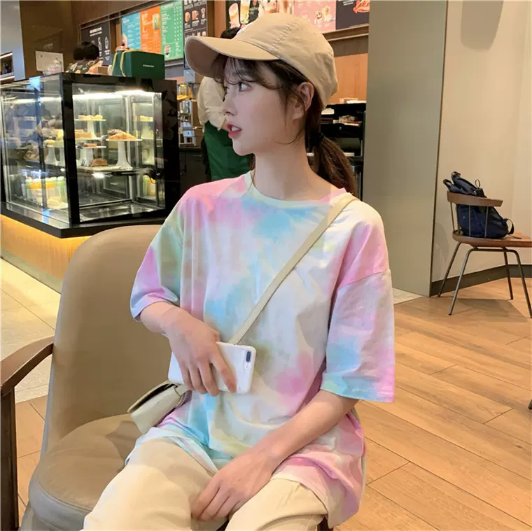 东南亚扎染T恤女2023早春韩版短袖印花T恤学生宽松大码泫雅风女装