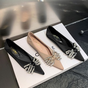 2873-H1 Korean Comfortable Luxury Banquet Flat Heels, Satin Shallow Mouth Pointed Diamond Bow Tie Flat Sole Single Shoes