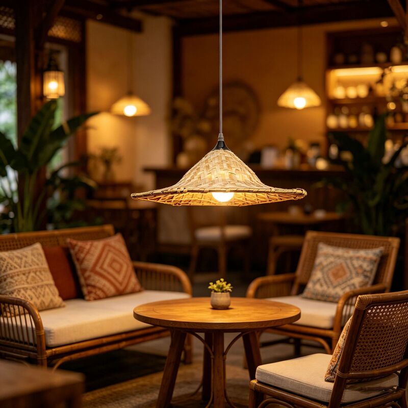Rustic INS-style bamboo woven straw hat pendant light for homestay, restaurant, tea room, balcony decoration, Japanese retro handmade lampshade Rustic INS-style bamboo woven straw hat pendant light for homestay, restaurant, tea room, balcony decoration, Japanese retro handmade lampshade