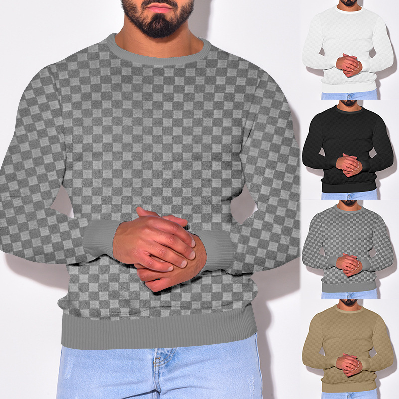 2024 Men's Spring and autumn  men's knitted shirt with jacquard chessboard plaid round neck casual bottom long sleeved top_voghion.com