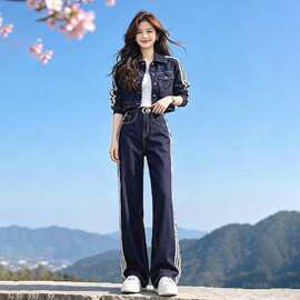 深圳南油复古牛仔套装女春秋2026新款时尚短袖阔腿裤两件套穿搭