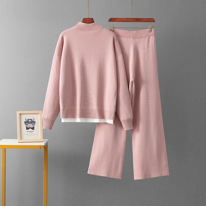 Damen Strick Zweiteiler Set Mit Lockerem Pullover Und Weiter Hose_voghion.com