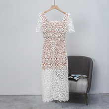 赫本风法式名媛精致小香风女装方领镂空白色蕾丝裙气质显瘦连衣裙