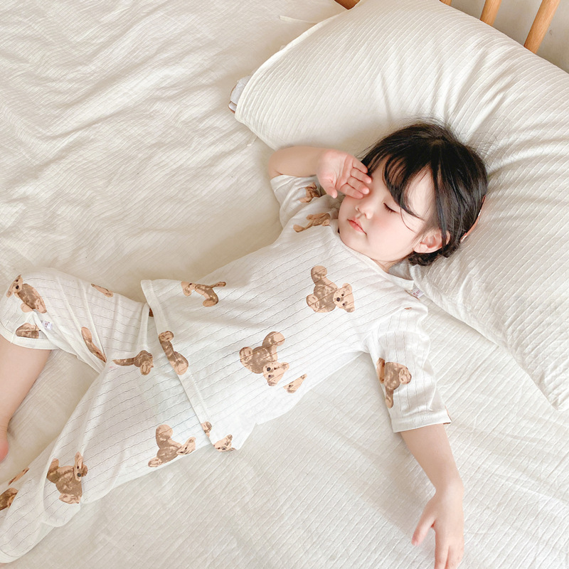 夏の新型子供呼吸綿セットa類純綿ルームウェア男性可愛い通気性女の子七分袖パジャマ