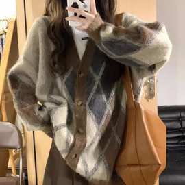 菱格领针织开衫外套女秋冬新款爆款日系复古慵懒马海毛毛衣
