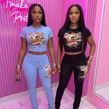 欧美跨境外贸新款时尚印花修身性感短袖上衣长裤两件套女