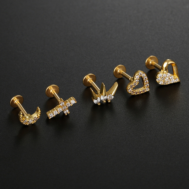 Hip-Hop Cross Moon Heart Shape Stainless Steel Inlay Zircon lip stud Ear Studs 1 Piece