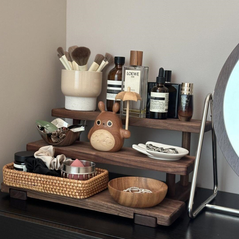 色黑胡桃化妆品桌古风多层角杯感收纳架储物架架子置物架厂家批发