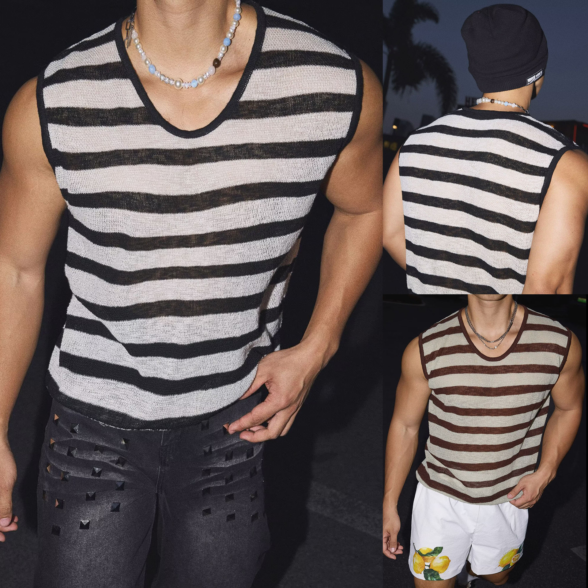 Camiseta sin Mangas de Punto con Cuello Henley para Hombre de Seda de Hielo Transpirable para Deportes