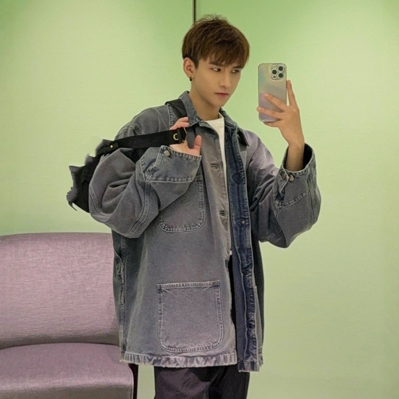 Original High Version P Brand Metal Triangle Logo Solid Color Vintage Ice Blue Four-Pocket Denim Work Jacket