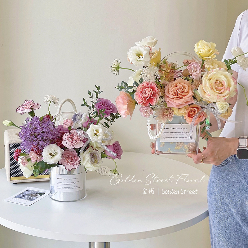 Caja de flores de acrílico transparente rectangular redondo canasta de flores acrílico caja de regalo floral caja de regalo de mano