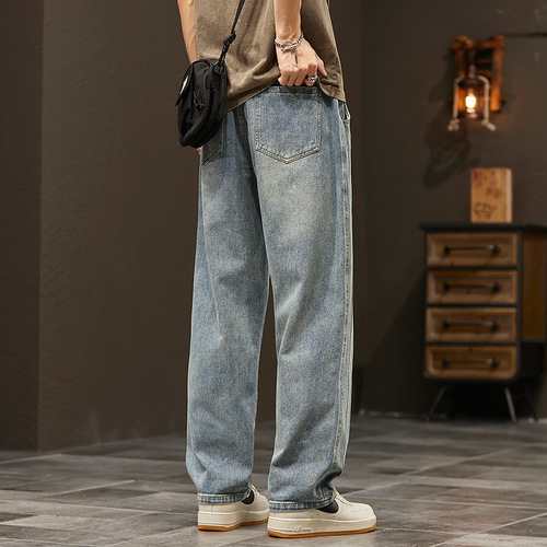 American-style creative spring high-end street slim-fit jeans for men, straight-leg vibe design wide-leg denim