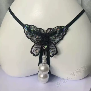 跨境情趣内裤蝴蝶亮片超大珍珠女士免脱按摩丁字裤开裆大码丁字裤