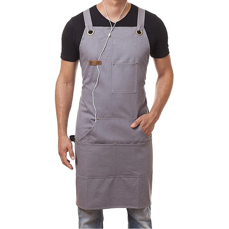 Nuevo delantal de mezclilla de Amazon transfronterizo logotipo personalizado barbero ropa de trabajo delantal de cocina de múltiples bolsillos al por mayor