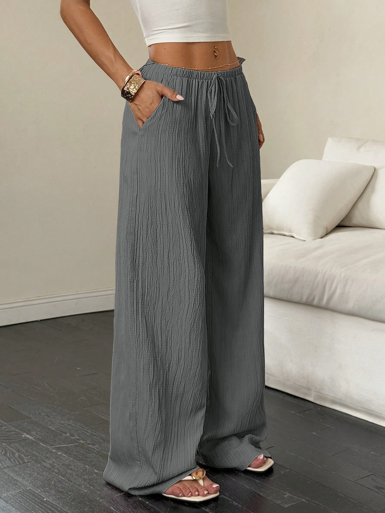 Damen Weithosen Freizeithose Mit Knotentaille Strukturstoff_voghion.com