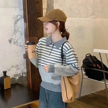 日系氛围感穿搭条纹polo领针织衫女秋冬宽松慵懒高级感小个子上衣