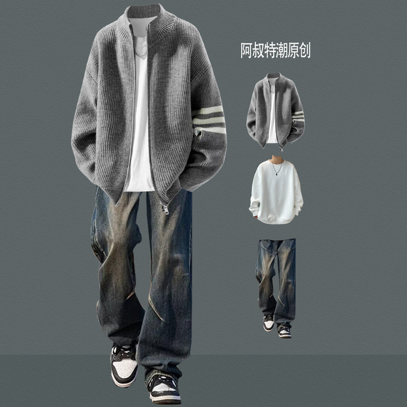 Autumn and winter cardigan sweater men's set, American casual and relaxed style, stand-up collar knit sweater paired with jeans Autumn and winter cardigan sweater men's set, American casual and relaxed style, stand-up collar knit sweater paired with jeans