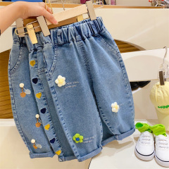 Girls spring jeans 2023 new embroidered Korean style thin pants for baby girls pastoral light color casual trousers