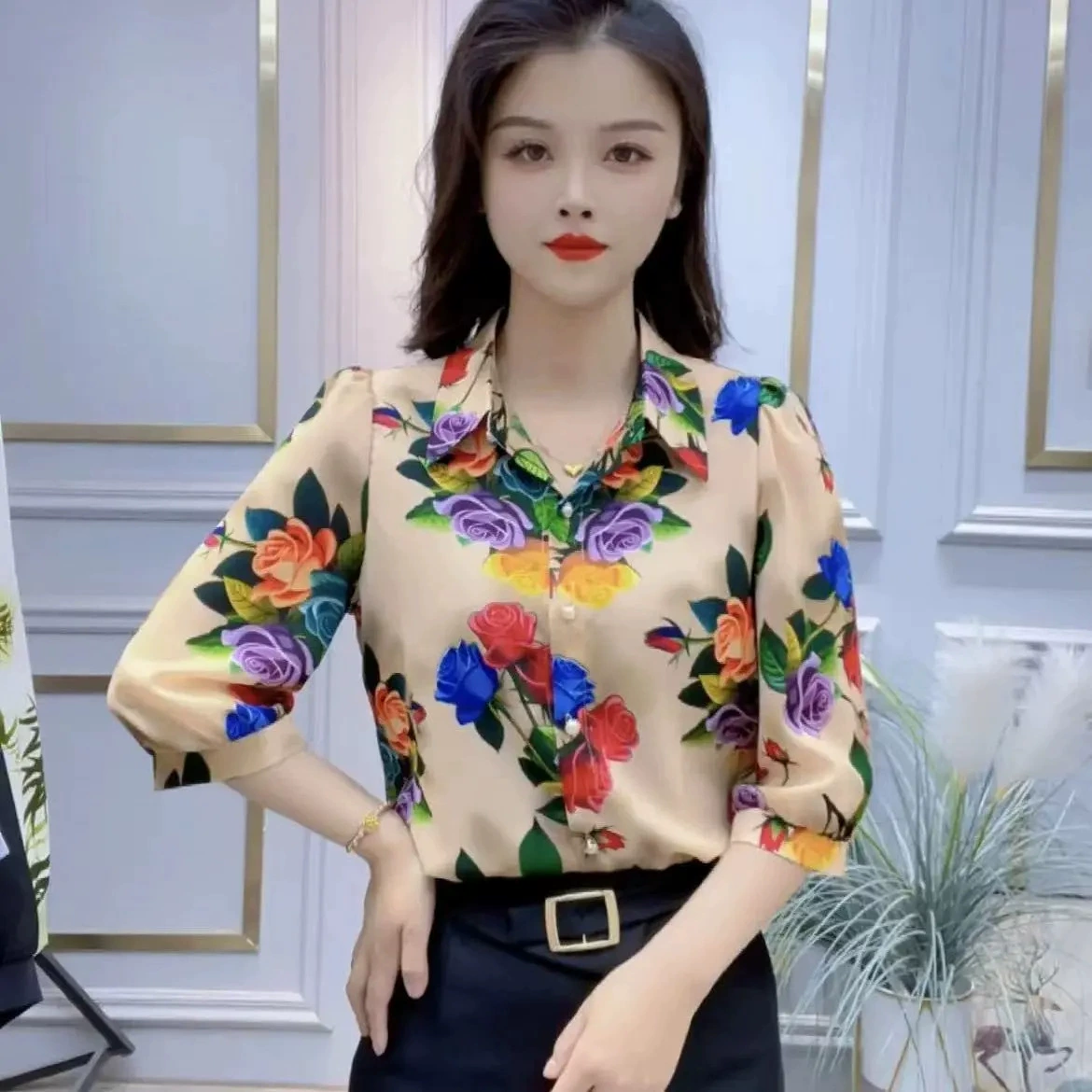 Атласная рубашка с принтом женский 2024 летняя новая мода дикий прикрытие живота