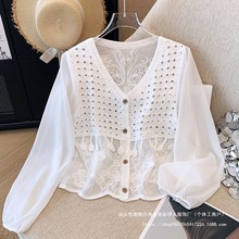 清仓捡漏~夏季V领镂空钩花长袖针织衫女设计感拼接雪纺袖洋气上衣