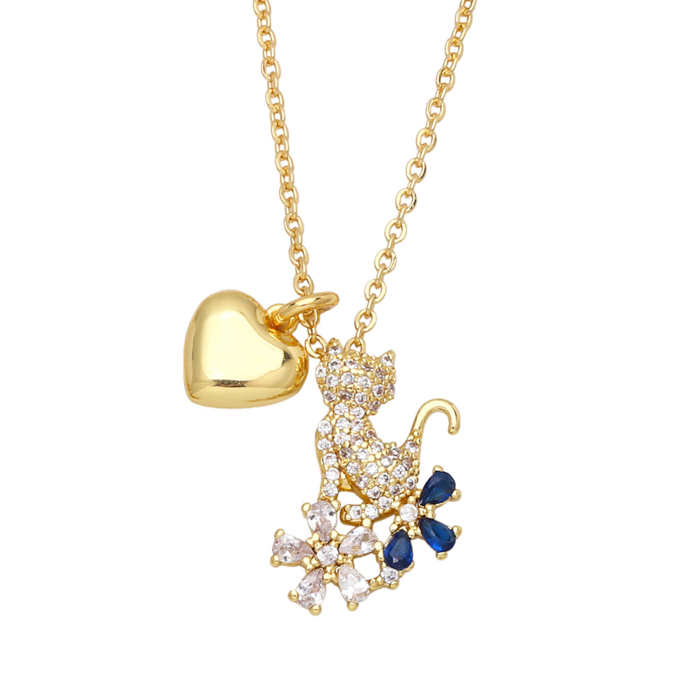 cute animal diamond-encrusted heart shape kitten puppy double pendant copper necklace collarbone cha