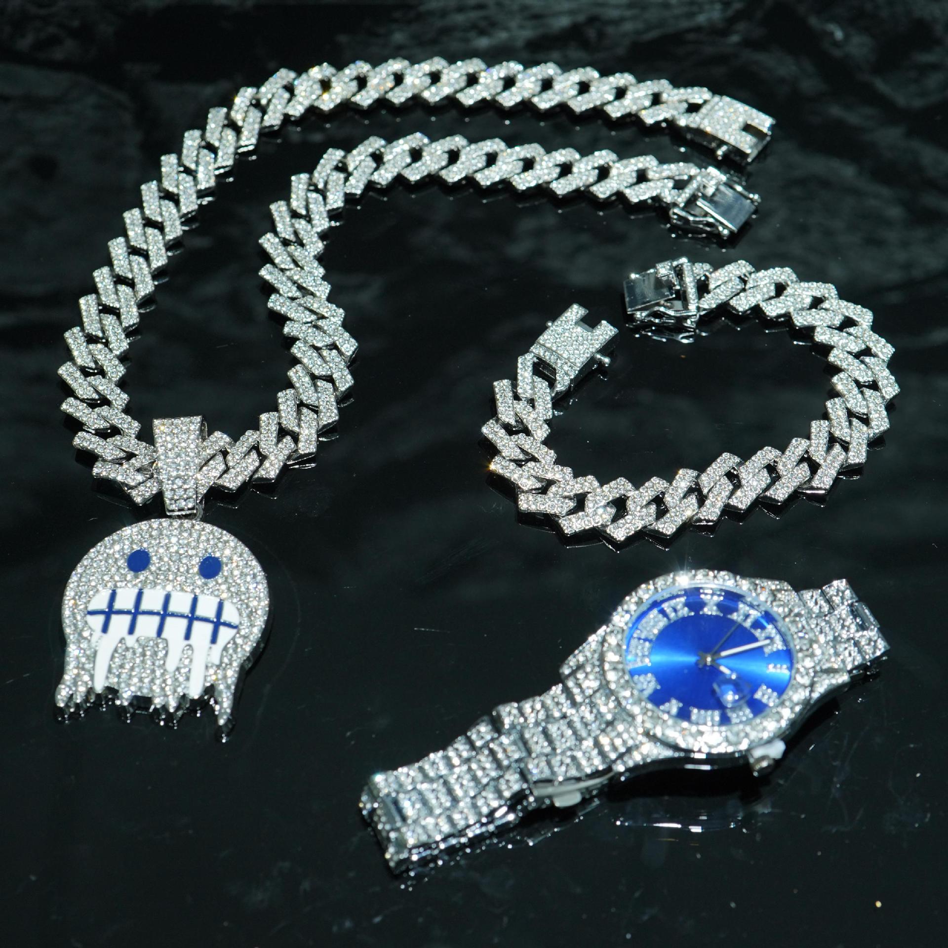 Aleación de alta calidad de moda de diamante de hielo cara colgante de collar de cadena cubana pulsera color reloj conjunto de joyas