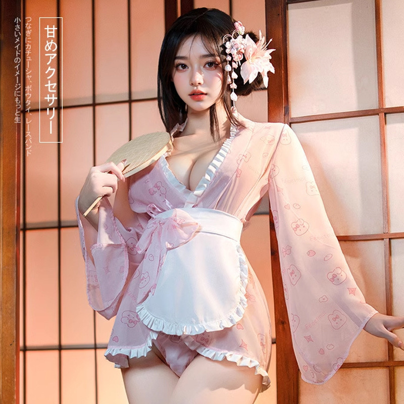 Lencería sexy Leche Conejo Maid Uniform Salsa Japón lindo puro deseo Conejo estampado estilo japonés Camisón con lazo