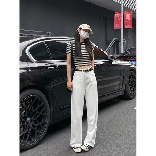 Narrow Wide Spring and Autumn Wide Leg Pants High-Waisted Long Pants Trendy See-Through Proof White Straight Leg Denim for Women Petite