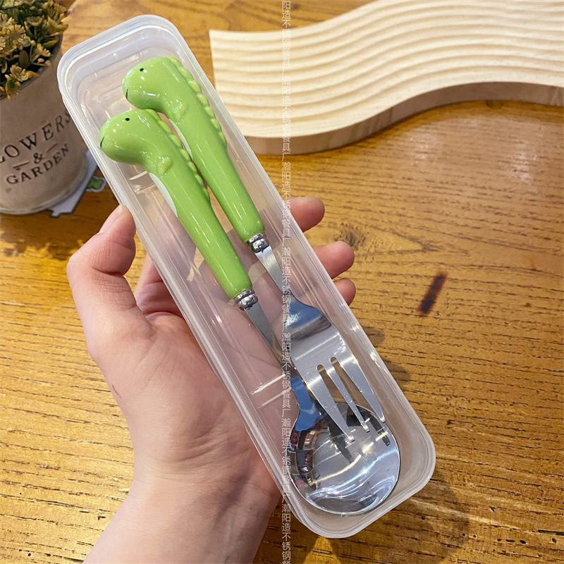 녹색 공룡 숟가락 포크 세트 (투명 상자)