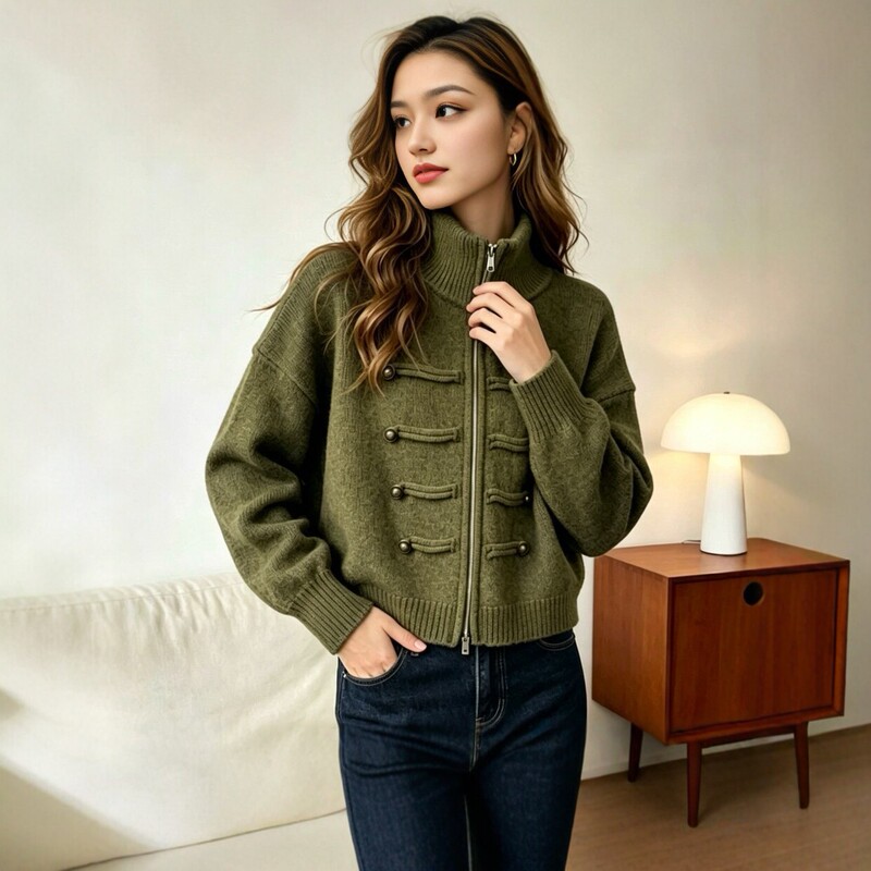 New autumn and winter stand-up collar zippered knit cardigan for women, loose and casual style, solid color Korean retro top New autumn and winter stand-up collar zippered knit cardigan for women, loose and casual style, solid color Korean retro top