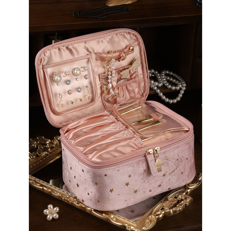 Bolsa de maquillaje de gran capacidad portátil para salir grande 2025 bolsas de almacenamiento de maquillaje de terciopelo de viaje de mano para mujeres