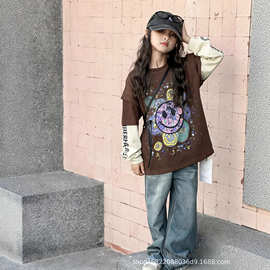 女童长袖体恤春季2026新款潮假两件休闲T恤百搭中小学生时尚穿搭