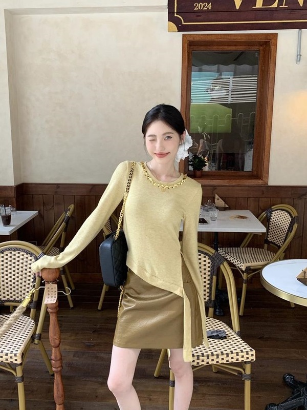 不规则飘带设计感长袖T恤PU皮包臀半身裙女2025秋季新款时尚套装|undefined
