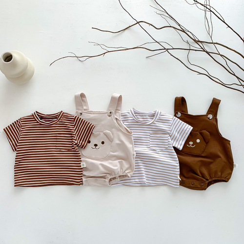Baby Korean style ins style summer short-sleeved hoodie, newborn male and female baby cartoon sling one-piece crawling suit