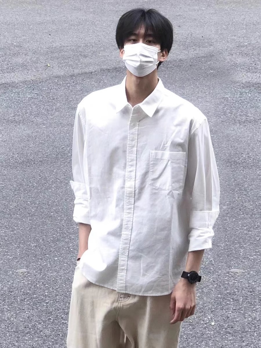 Men's Cool Silk Cotton Basic Square Collar + Pocket Loose Shirt, White Long Sleeve Shirt For Spring, Autumn, And Winter_voghion.com