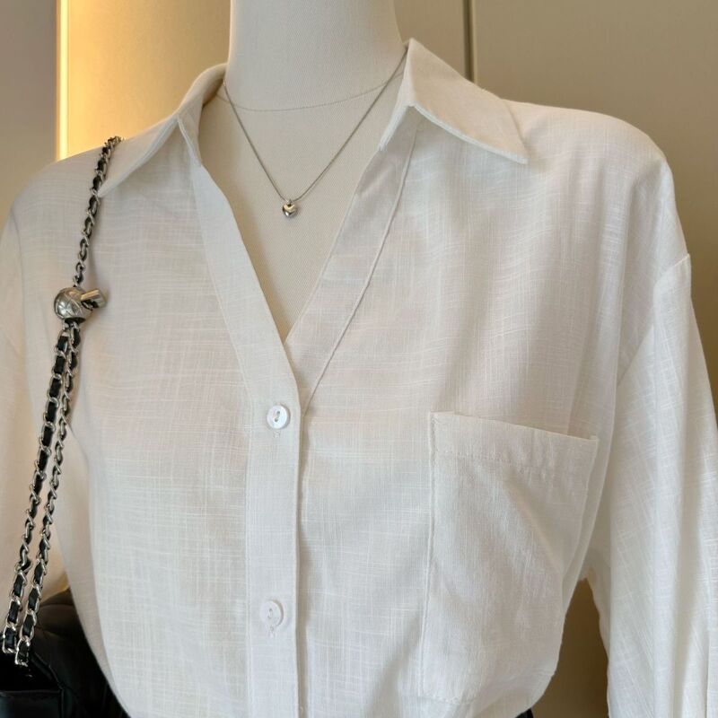 French V-neck design linen shirt for women, 2026 summer new style, mint green cotton-linen slim-fit loose long-sleeve shirt