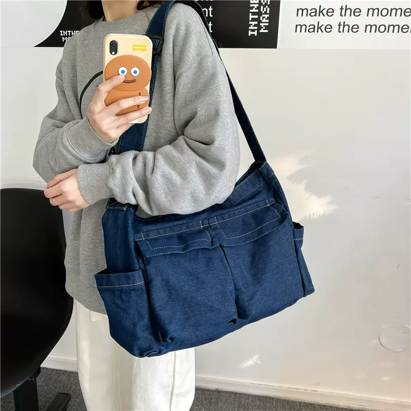 手提袋日系原宿复古慵懒风女大容量斜挎包牛仔布包文艺儿童单肩包