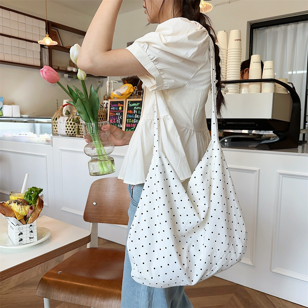 90g Weight Poplin Lining Material 19695304699 Fashion Element Open Closure Type Double Shoulder Straps Strap Type Tote Bag Bags Type Travel, Daily Occasion Canvas Material Round Dots Pattern All Seasons, Spring&Summer Season Women's Gender Streetwear Style Square Shape Medium Size 45262 New Polka Dot Canvas Bag Women's Large Capacity Bag College Students Class Canvas Bag Special-Interest Shoulder Bag 12