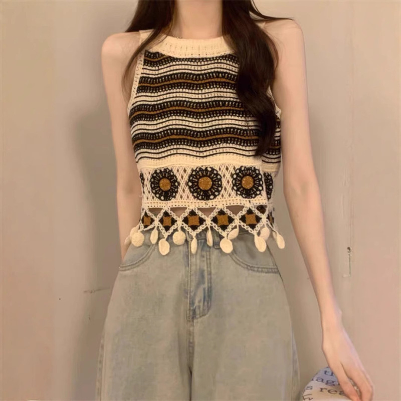 Knitted Hollow-Out Striped Tassel Camisole for Women, Summer Sleeveless Versatile Ethnic Style Top Knitted Hollow-Out Striped Tassel Camisole for Women, Summer Sleeveless Versatile Ethnic Style Top